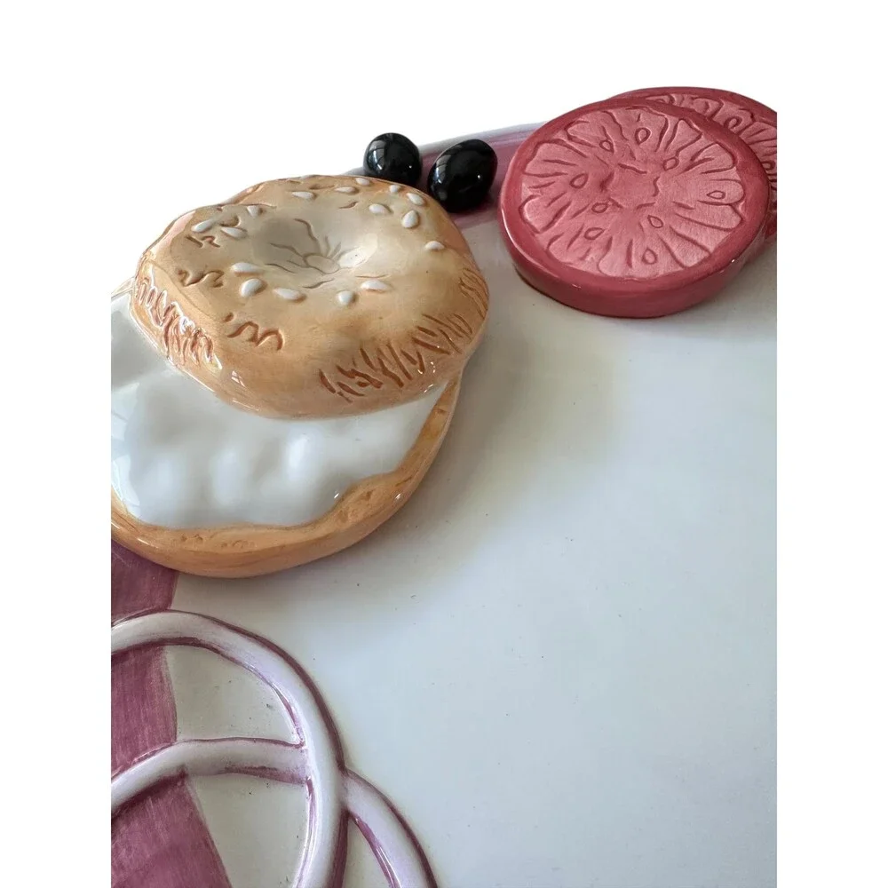 Vintage LARGE 3D Bagel Lox Plate, Kitsch Novelty Ceramic  Platter, Decor